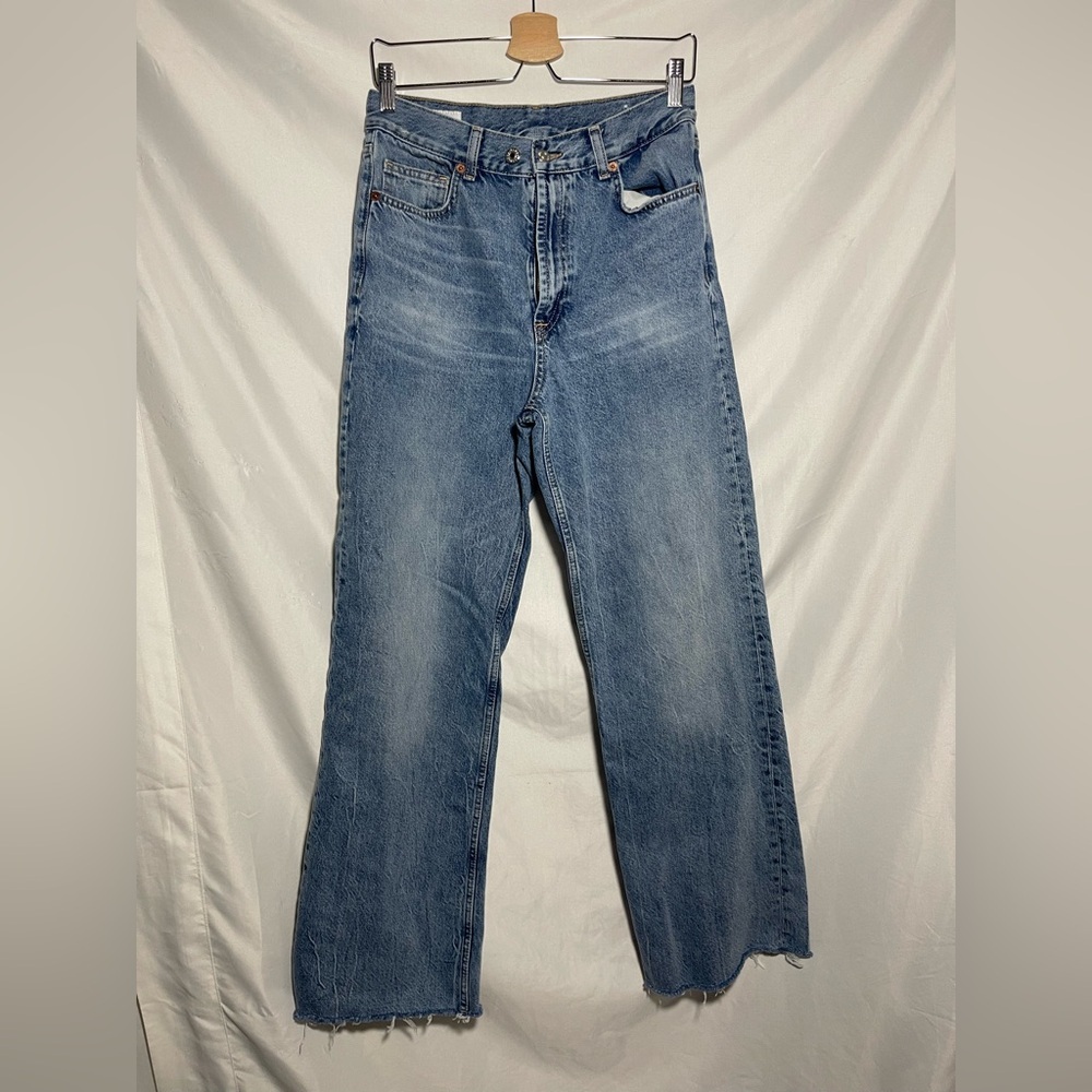 ZARA Jeans Women 8 High Rise Wide Leg Cropped Raw Hem Light Wash Denim